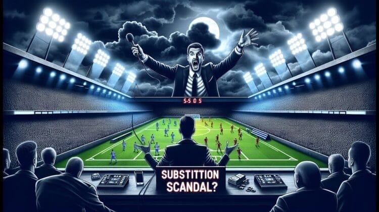 Illustration of a dramatic soccer match scene under stadium lights, highlighting a team performance controversy as a large referee hologram reveals data analysis of an unexpected football substitution scandal on the scoreboard.