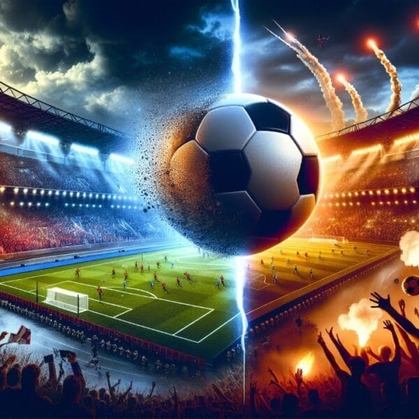 A dynamic football stadium scene unfolds beneath a split day-night sky, with a fiery crowd cheering and a large soccer ball at the center.