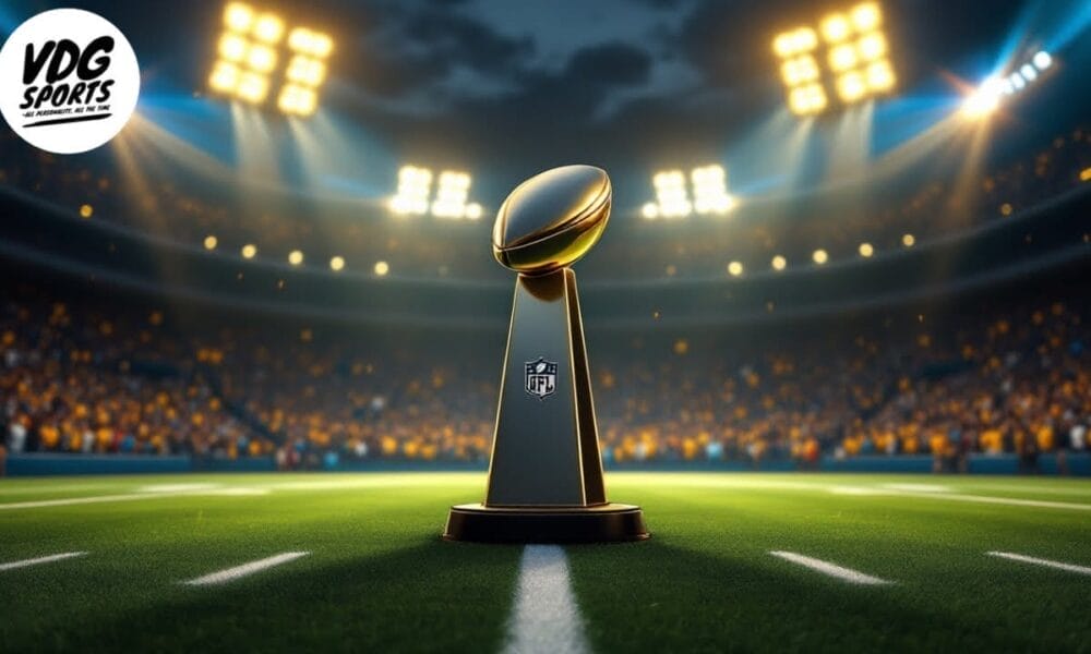 A football trophy gleams on the field under bright stadium lights, symbolizing the triumphs of a successful NFL franchise.