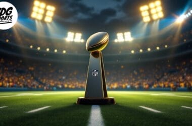 A football trophy gleams on the field under bright stadium lights, symbolizing the triumphs of a successful NFL franchise.