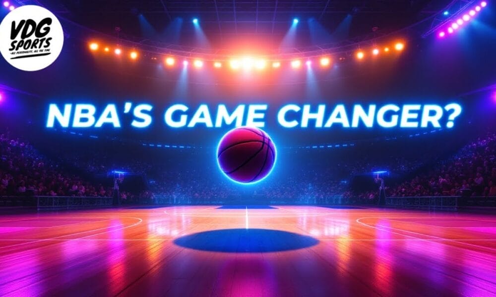 A dimly lit basketball court with colorful lights creates a dramatic atmosphere. The phrase "NBA'S GAME CHANGER?" glows boldly in neon above a glowing basketball, symbolizing the NBA's high-stakes risk and reward. The VDG Sports logo rests in the top left corner.