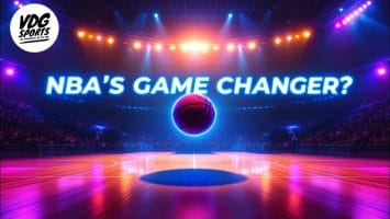 A dimly lit basketball court with colorful lights creates a dramatic atmosphere. The phrase "NBA'S GAME CHANGER?" glows boldly in neon above a glowing basketball, symbolizing the NBA's high-stakes risk and reward. The VDG Sports logo rests in the top left corner.