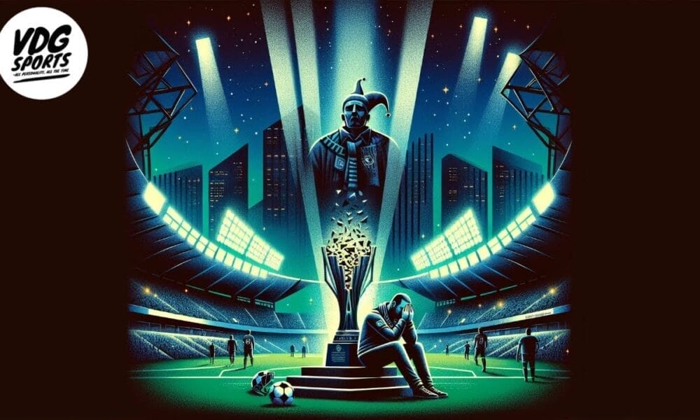 In a nighttime stadium, a large, decorated statue of a jester-like figure is illuminated by spotlights. A football fanatic sits contemplatively in the foreground next to a soccer ball, framed against the starry city skyline.