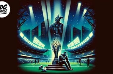 In a nighttime stadium, a large, decorated statue of a jester-like figure is illuminated by spotlights. A football fanatic sits contemplatively in the foreground next to a soccer ball, framed against the starry city skyline.