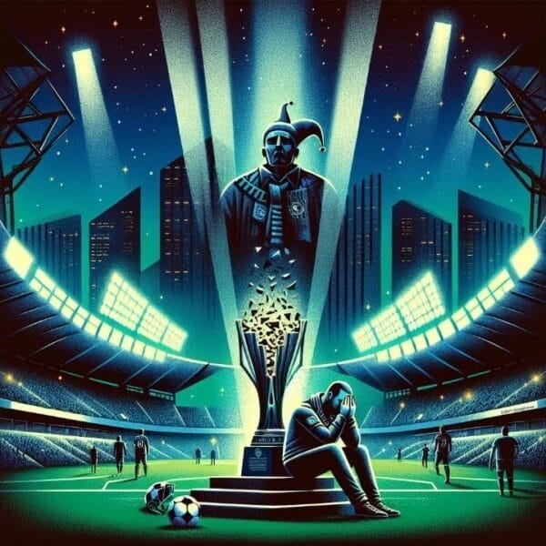 In a nighttime stadium, a large, decorated statue of a jester-like figure is illuminated by spotlights. A football fanatic sits contemplatively in the foreground next to a soccer ball, framed against the starry city skyline.