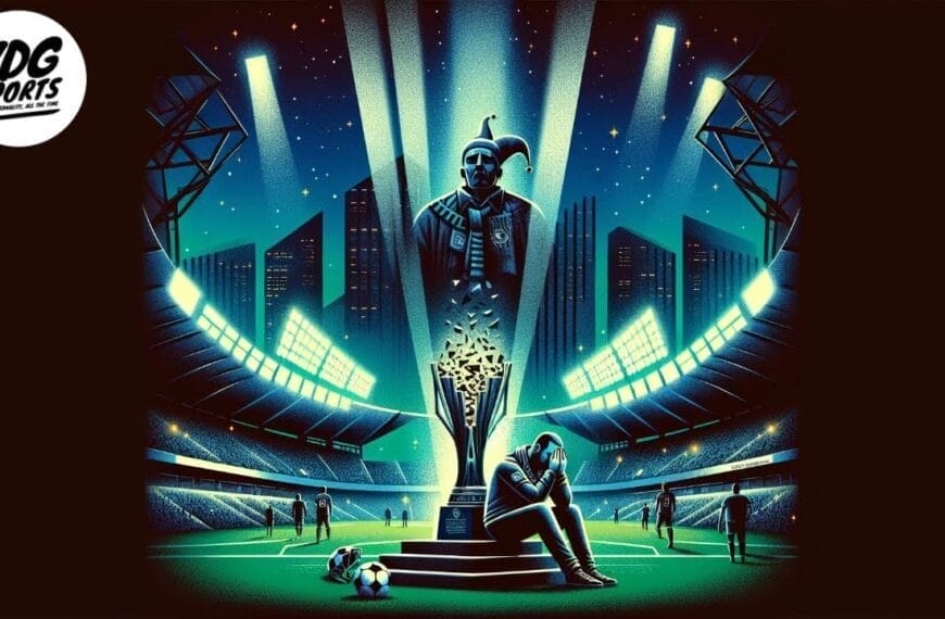 In a nighttime stadium, a large, decorated statue of a jester-like figure is illuminated by spotlights. A football fanatic sits contemplatively in the foreground next to a soccer ball, framed against the starry city skyline.
