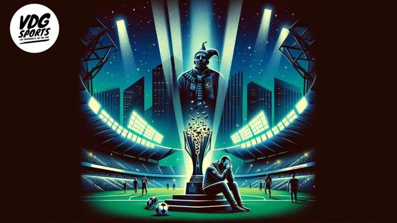 In a nighttime stadium, a large, decorated statue of a jester-like figure is illuminated by spotlights. A football fanatic sits contemplatively in the foreground next to a soccer ball, framed against the starry city skyline.