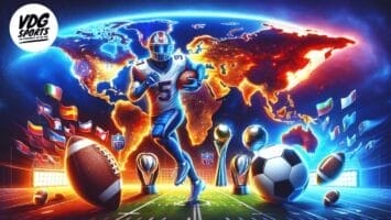A dynamic image features a football player running with a ball against a glowing world map, symbolizing the NFL take over of the world. Surrounding him are various trophies, a football, and a soccer ball. Flags frame the scene. In the corner, a logo reads "VDG Sports: Subscribe on YouTube.