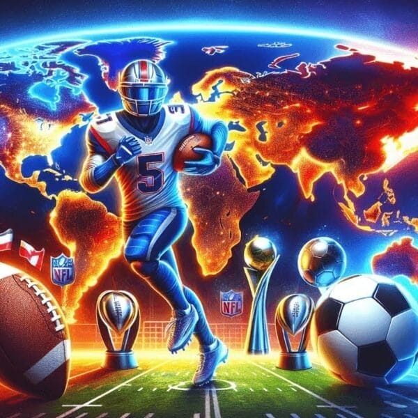A dynamic image features a football player running with a ball against a glowing world map, symbolizing the NFL take over of the world. Surrounding him are various trophies, a football, and a soccer ball. Flags frame the scene. In the corner, a logo reads "VDG Sports: Subscribe on YouTube.