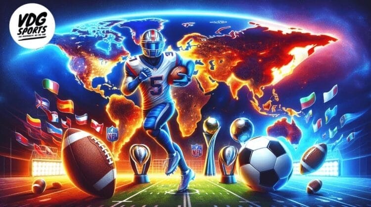 A dynamic image features a football player running with a ball against a glowing world map, symbolizing the NFL take over of the world. Surrounding him are various trophies, a football, and a soccer ball. Flags frame the scene. In the corner, a logo reads "VDG Sports: Subscribe on YouTube.