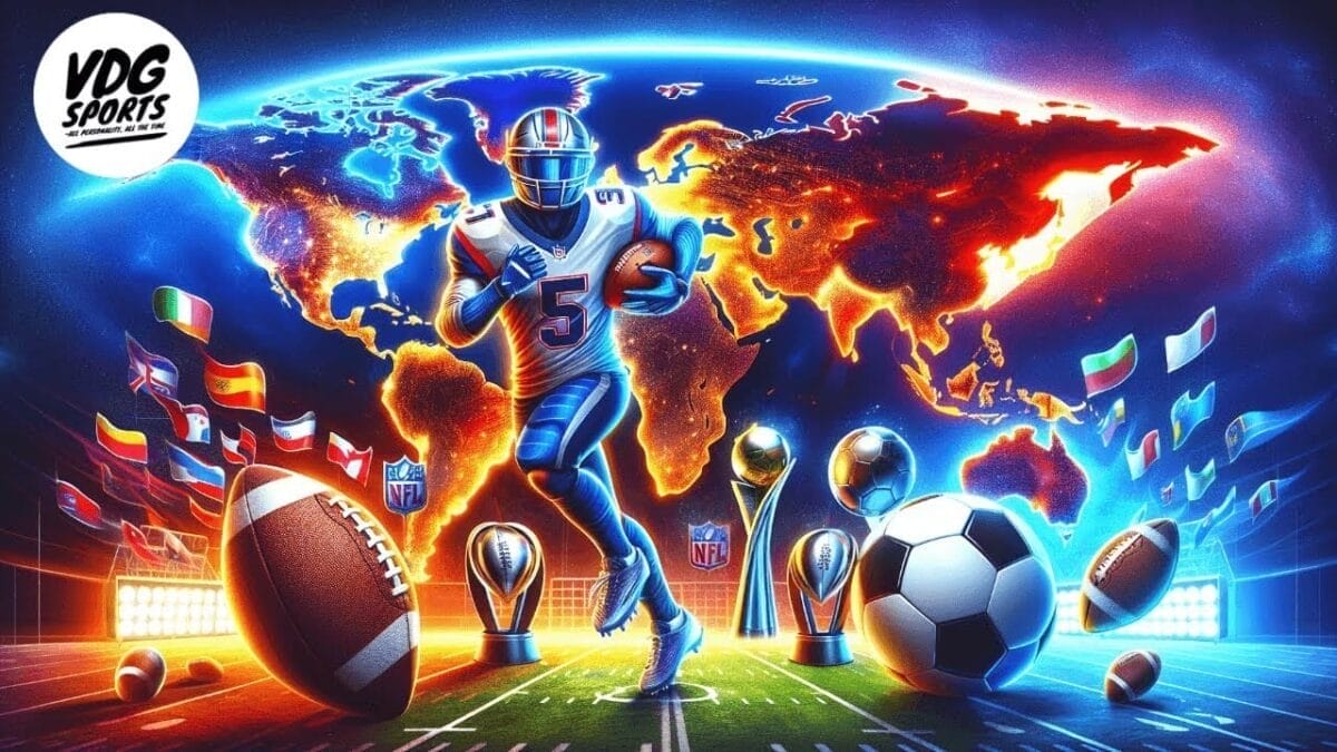 A dynamic image features a football player running with a ball against a glowing world map, symbolizing the NFL take over of the world. Surrounding him are various trophies, a football, and a soccer ball. Flags frame the scene. In the corner, a logo reads "VDG Sports: Subscribe on YouTube.