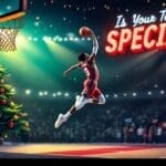 A basketball player in a red uniform leaps to dunk a ball on the brightly lit court. Nearby, a decorated Christmas tree stands tall. The text reads, "Is Your NBA Team SPECIAL?" Spectators clutch signs under the spotlights while gifts labeled "Elite Team" rest beneath the tree.