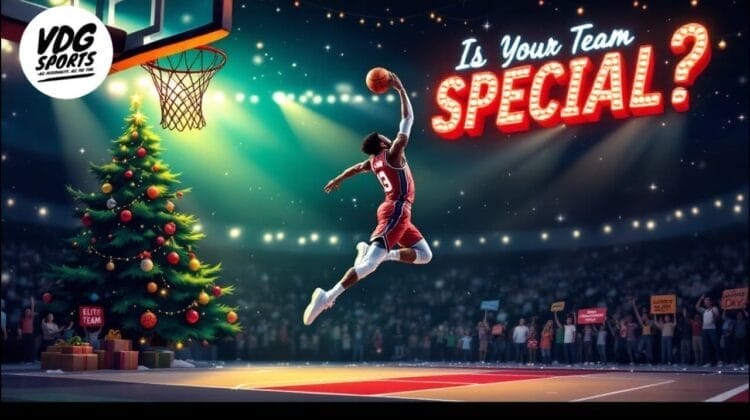 A basketball player in a red uniform leaps to dunk a ball on the brightly lit court. Nearby, a decorated Christmas tree stands tall. The text reads, "Is Your NBA Team SPECIAL?" Spectators clutch signs under the spotlights while gifts labeled "Elite Team" rest beneath the tree.
