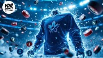 A dynamic illustration of a glowing blue NHL sweaters with a stylized maple leaf emblem floating mid-air, surrounded by spinning hockey pucks and currency symbols. The background is a vibrant ice rink with bright lights. The VDG Sports logo is visible in the top left corner.