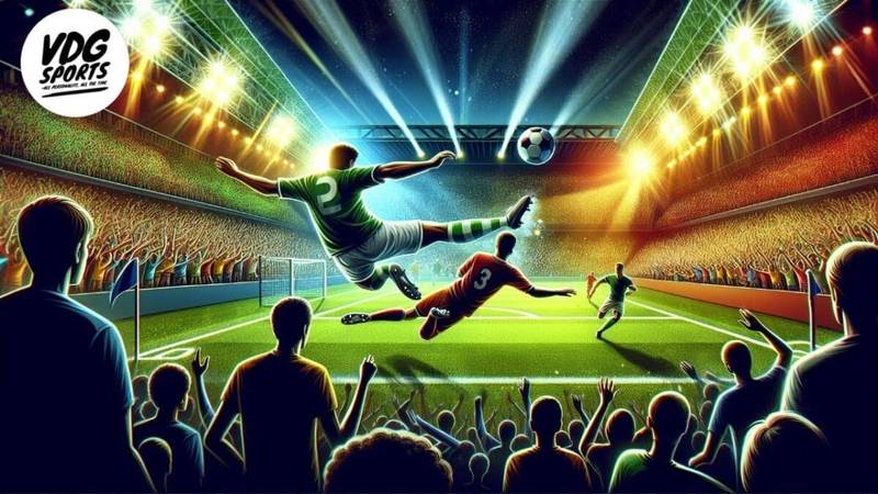 A vibrant illustration of a soccer match in a packed stadium captures the excitement as everyone watches football. A player in a green jersey performs an acrobatic kick while his opponent in red attempts a diving block. The glowing stadium lights and cheering crowd enhance the dynamic scene.