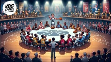 A cartoon of famous basketball players from the NBA, often touted as the hardest league, sitting at a round table shaped like a basketball court. Trophies and posters adorn the walls. An audience watches, and a man with a clipboard stands in the center. Players wear various team jerseys.