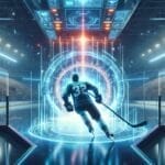 A hockey player, Vince Douglas Gregory, wearing jersey number 32 skates towards a glowing, futuristic portal at the center of an ice rink. The arena buzzes with spectators, while overhead digital screens showcase vibrant graphics from the metaverse.