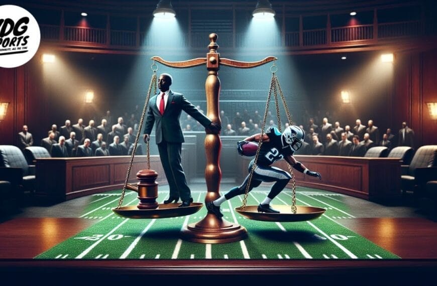 A football player in uniform balances on one side of an ornate scale, with a suited man representing the secret NFLPA on the other. The scale sits on a football field inside a courtroom. A gavel rests near the suited man, next to a logo that reads "VDG Sports.