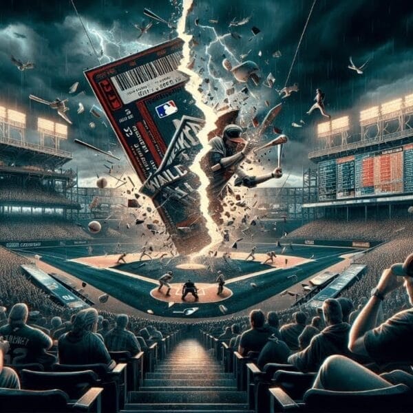 A dramatic scene in a packed baseball stadium shows an oversized MLB sports betting ticket exploding upward from home plate, as if something with MLB went wrong—scattering debris and players while stunned fans watch amid glowing scoreboards and stadium lights.