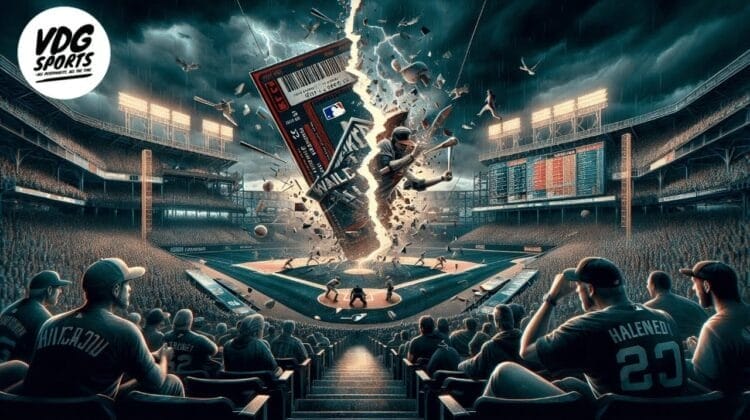 A dramatic scene in a packed baseball stadium shows an oversized MLB sports betting ticket exploding upward from home plate, as if something with MLB went wrong—scattering debris and players while stunned fans watch amid glowing scoreboards and stadium lights.