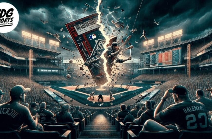 A dramatic scene in a packed baseball stadium shows an oversized MLB sports betting ticket exploding upward from home plate, as if something with MLB went wrong—scattering debris and players while stunned fans watch amid glowing scoreboards and stadium lights.