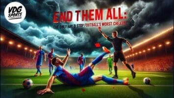A dramatic soccer scene on a stadium field at night: a referee holds up a red card, while a player in a blue-red uniform falls, arms raised—classic football diving. Teammates and an opponent react. Large bold text reads "END THEM ALL: THE ONLY WAY TO STOP FOOTBALL’S WORST CHEATS!.