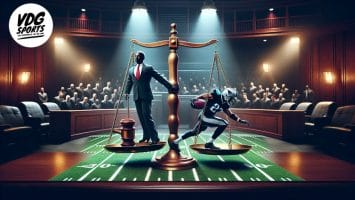 A football player in uniform balances on one side of an ornate scale, with a suited man representing the secret NFLPA on the other. The scale sits on a football field inside a courtroom. A gavel rests near the suited man, next to a logo that reads "VDG Sports.
