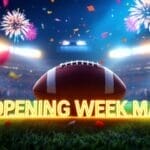 A football on a grassy field is illuminated by bright stadium lights. Fireworks burst in the sky, and colorful confetti is scattered around. The text "NFL OPENING WEEK MAGIC" is prominently displayed in glowing letters. A logo reading "VDG Sports" is in the top left corner.