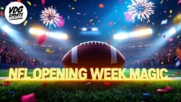 A football on a grassy field is illuminated by bright stadium lights. Fireworks burst in the sky, and colorful confetti is scattered around. The text "NFL OPENING WEEK MAGIC" is prominently displayed in glowing letters. A logo reading "VDG Sports" is in the top left corner.