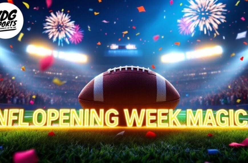 A football on a grassy field is illuminated by bright stadium lights. Fireworks burst in the sky, and colorful confetti is scattered around. The text "NFL OPENING WEEK MAGIC" is prominently displayed in glowing letters. A logo reading "VDG Sports" is in the top left corner.