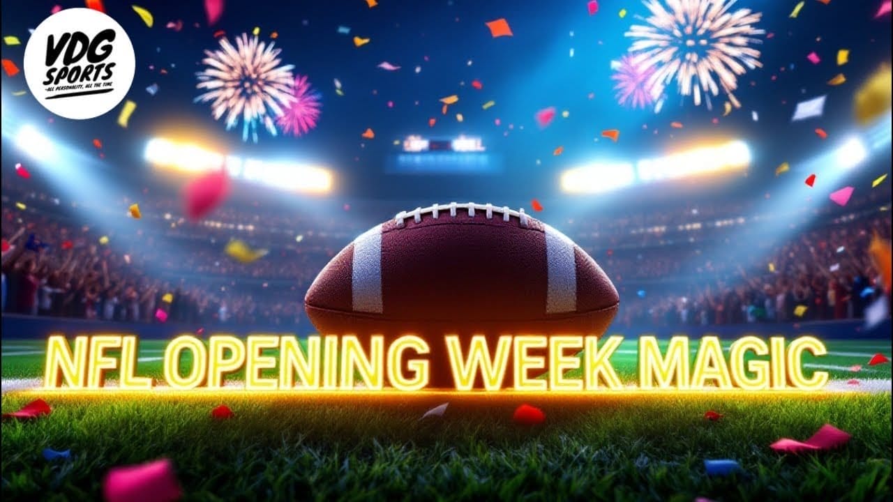 A football on a grassy field is illuminated by bright stadium lights. Fireworks burst in the sky, and colorful confetti is scattered around. The text "NFL OPENING WEEK MAGIC" is prominently displayed in glowing letters. A logo reading "VDG Sports" is in the top left corner.