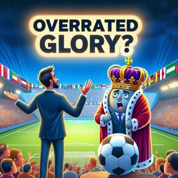 Illustration of an international football stadium scene with a coach and a crowned mascot under the text "overrated glory?" and flags of various countries.