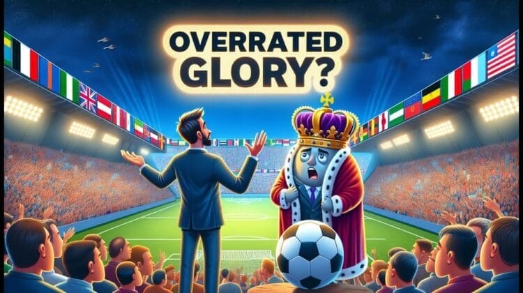 Illustration of an international football stadium scene with a coach and a crowned mascot under the text "overrated glory?" and flags of various countries.