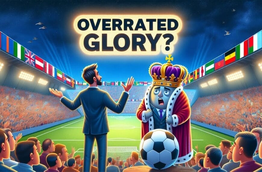 Illustration of an international football stadium scene with a coach and a crowned mascot under the text "overrated glory?" and flags of various countries.