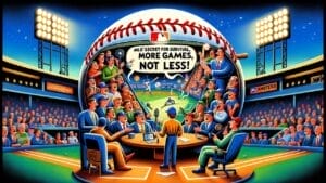 Illustration of a colorful baseball meeting with various team representatives and fans in a stadium, emphasizing the message, "MLB dealbreaker for survival: more games, not less!