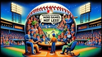 Illustration of a colorful baseball meeting with various team representatives and fans in a stadium, emphasizing the message, "MLB dealbreaker for survival: more games, not less!