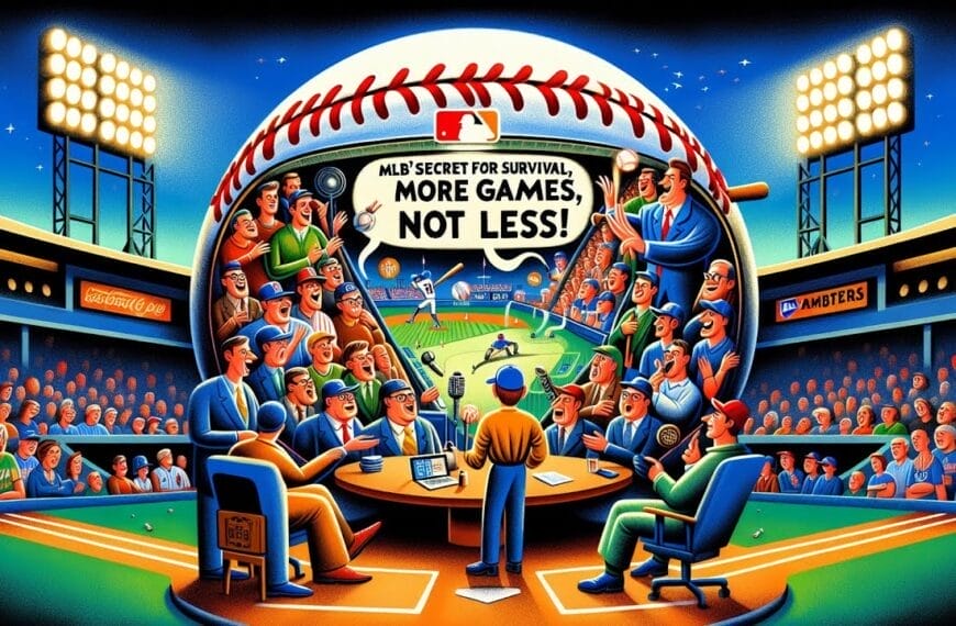 Illustration of a colorful baseball meeting with various team representatives and fans in a stadium, emphasizing the message, "MLB dealbreaker for survival: more games, not less!