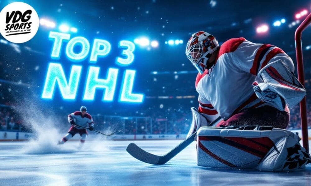 A hockey goalie in red and white gear stands ready on the ice, as another player charges toward the goal. A blue neon sign reading "Top 3 NHL" glows in the background, making this illuminated rink a must-watch for fanatics.