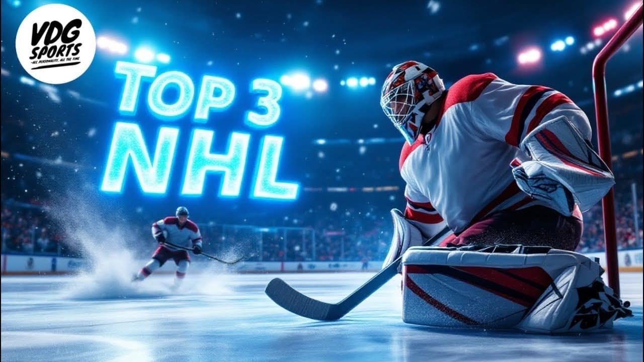 A hockey goalie in red and white gear stands ready on the ice, as another player charges toward the goal. A blue neon sign reading "Top 3 NHL" glows in the background, making this illuminated rink a must-watch for fanatics.