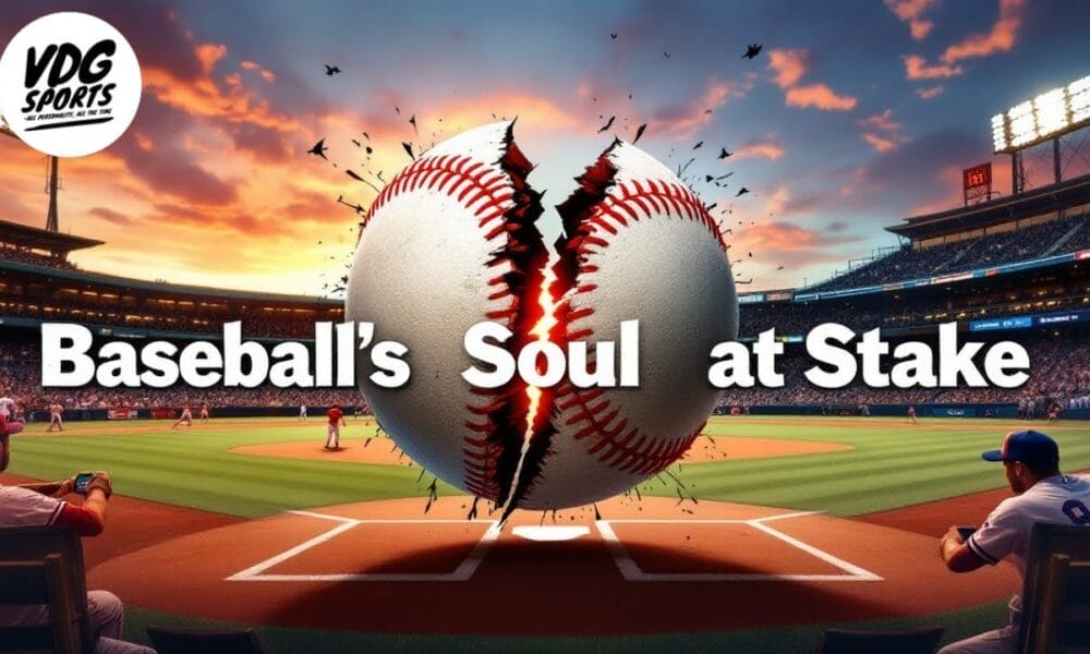 A baseball, aflame and cracked, sits at the center of an empty stadium as a dramatic sunset unfolds. The text "Baseball’s Soul at Stake" graces the ball. Nearby, two players ponder the impact of MLB new rules. The VDG Sports logo hovers in the upper left corner.