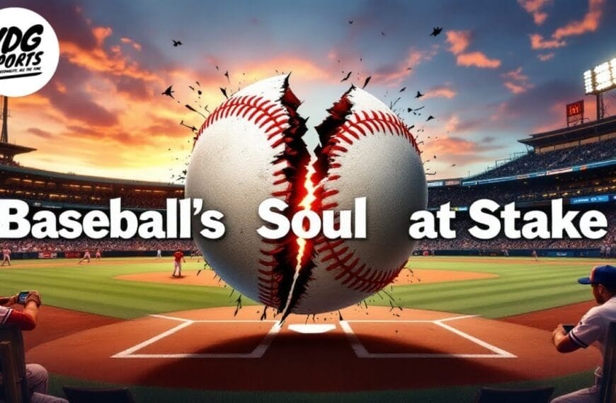 A baseball, aflame and cracked, sits at the center of an empty stadium as a dramatic sunset unfolds. The text "Baseball’s Soul at Stake" graces the ball. Nearby, two players ponder the impact of MLB new rules. The VDG Sports logo hovers in the upper left corner.