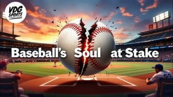 A baseball, aflame and cracked, sits at the center of an empty stadium as a dramatic sunset unfolds. The text "Baseball’s Soul at Stake" graces the ball. Nearby, two players ponder the impact of MLB new rules. The VDG Sports logo hovers in the upper left corner.