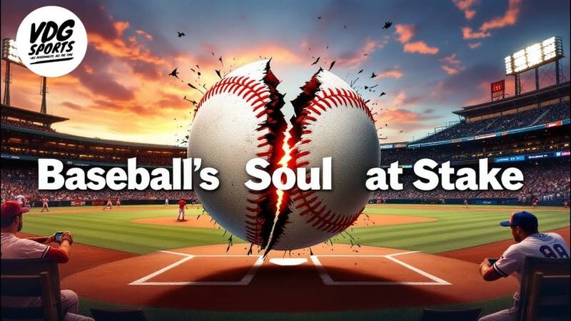 A baseball, aflame and cracked, sits at the center of an empty stadium as a dramatic sunset unfolds. The text "Baseball’s Soul at Stake" graces the ball. Nearby, two players ponder the impact of MLB new rules. The VDG Sports logo hovers in the upper left corner.