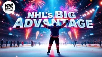 A hockey player stands on an ice rink with arms raised, facing a cheering crowd as vibrant fireworks light the sky. Large 3D text reads “NHL’s Big Advantage Over Other Leagues.” The VDG Sports logo is in the top left.
