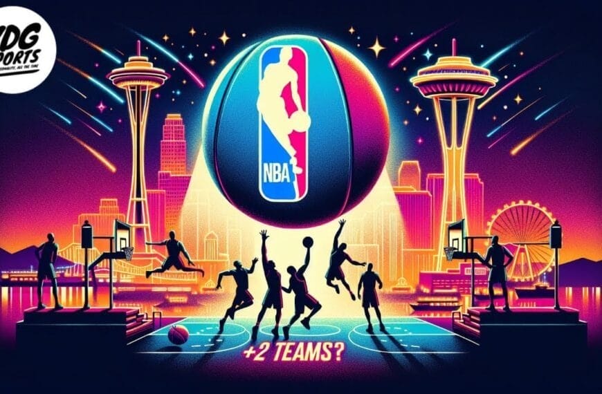 A stylized image shows basketball players silhouetted against neon city skylines, with the NBA expansion logo on a giant ball in the center. Two basketball hoops and courts are visible, and “+2 TEAMS?” is written below. The VDG Sports logo appears in the top left corner.