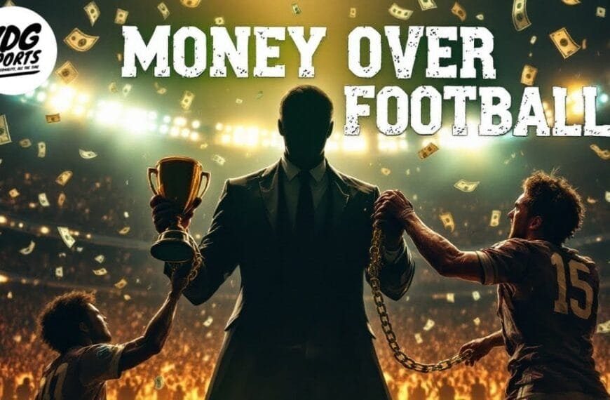 A dark silhouette of a man in a suit holding a trophy stands center stage in a stadium, flanked by two dejected football players. Dollar bills float in the air. Bold text reads, "Football Fairness or Money Over Football?" with bright stadium lights behind.