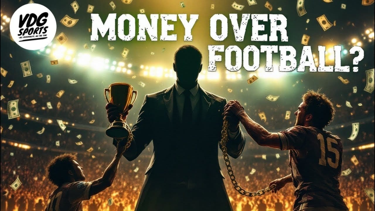 A dark silhouette of a man in a suit holding a trophy stands center stage in a stadium, flanked by two dejected football players. Dollar bills float in the air. Bold text reads, "Football Fairness or Money Over Football?" with bright stadium lights behind.