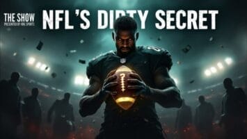 A football player in dark gear holds a glowing football at the center of a stadium. Money floats around him. Bold white text above reads, “NFL’S DIRTY SECRET.” Stadium lights and foggy atmosphere hint at front office changes in NFL teams.