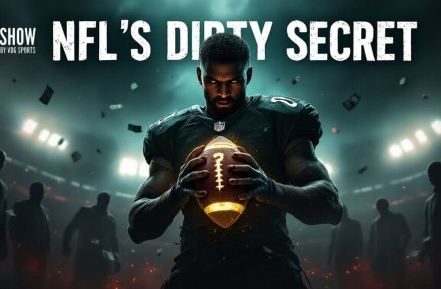 A football player in dark gear holds a glowing football at the center of a stadium. Money floats around him. Bold white text above reads, “NFL’S DIRTY SECRET.” Stadium lights and foggy atmosphere hint at front office changes in NFL teams.