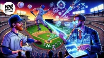 A colorful digital illustration of an MLB stadium at night. Players are mid-game, with one leaping to catch a ball. On the right, a man in a suit analyzes provocative data and charts, symbolizing sports analytics and technology.